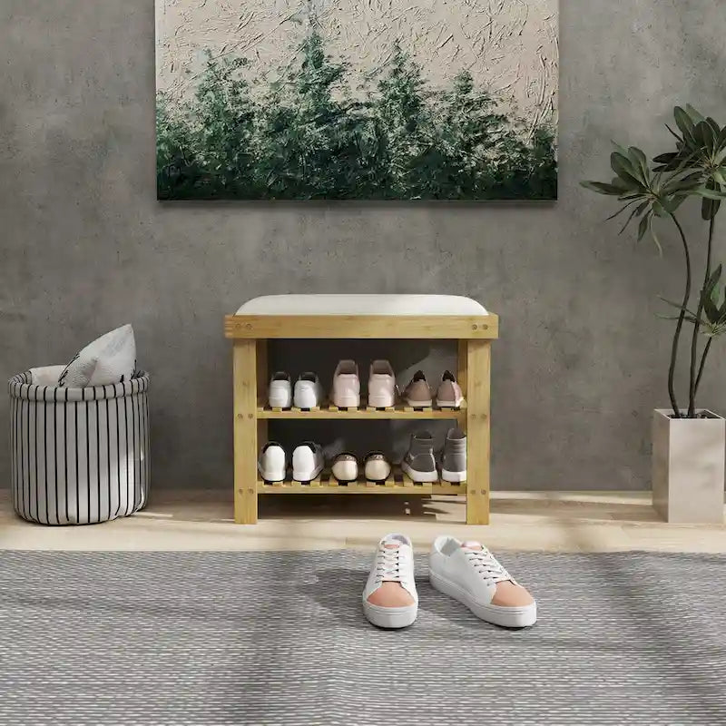 Bamboo Shoe Bench, 3-Tier Entryway Bench with Storage and Cushion, Shoe Organizer for Entryway, Hallway