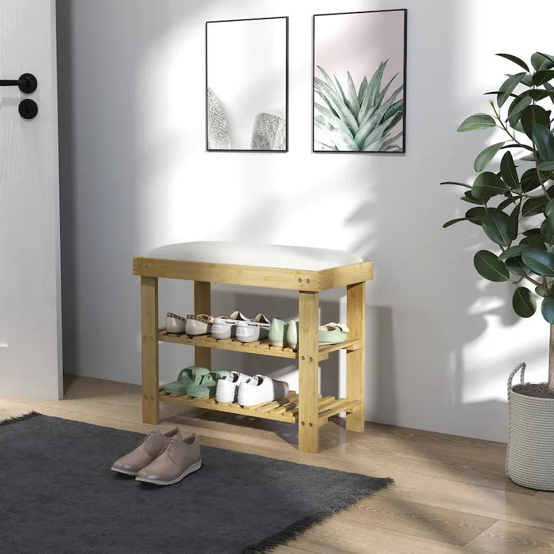 Bamboo Shoe Bench, 3-Tier Entryway Bench with Storage and Cushion, Shoe Organizer for Entryway, Hallway