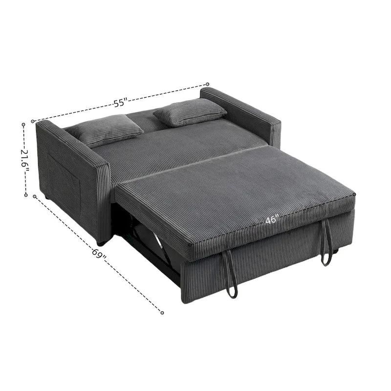 69 Corduroy Sleeper Sofa with Adjustable Backrest & Storage Pocket
