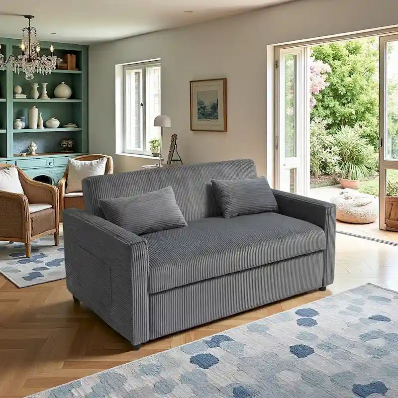 69 Corduroy Sleeper Sofa with Adjustable Backrest & Storage Pocket