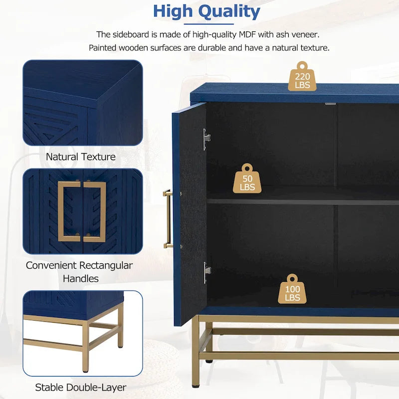 Retro Style Sideboard with Adjustable Shelves, Rectangular Metal Handles and Legs