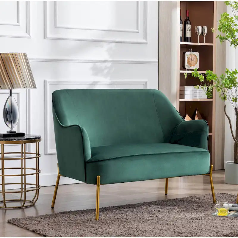 Loveseat Couch Sofa, Velvet Upholstery, Gold Chrome Legs