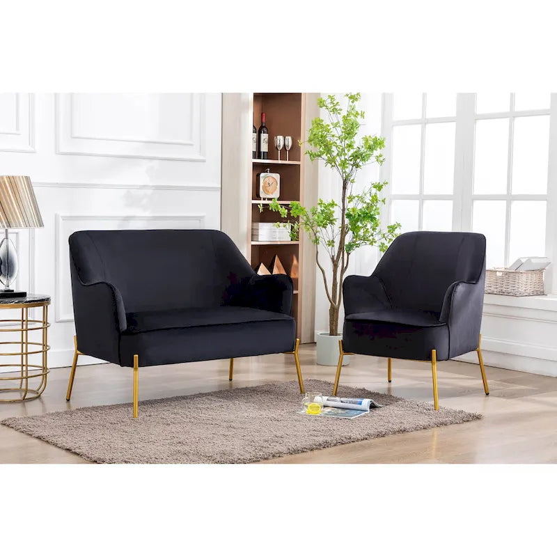 Loveseat Couch Sofa, Velvet Upholstery, Gold Chrome Legs