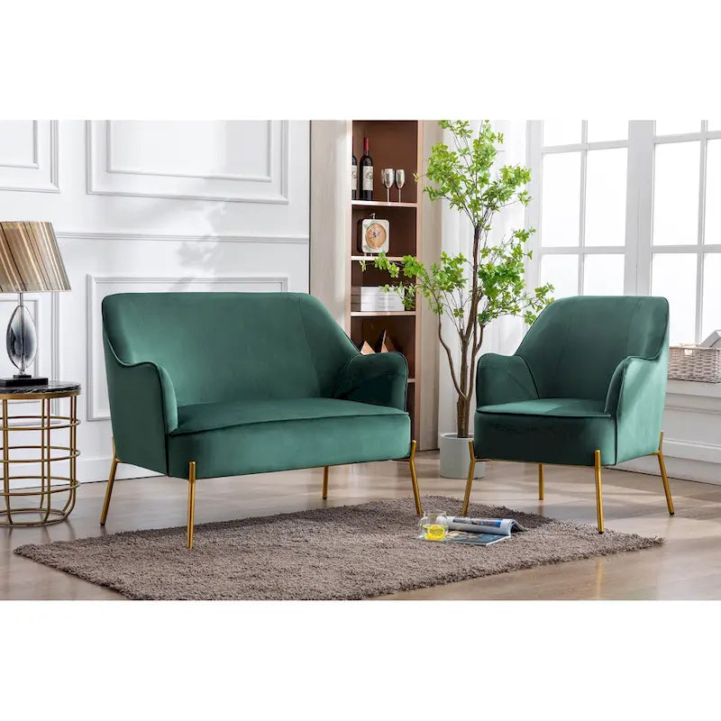 Loveseat Couch Sofa, Velvet Upholstery, Gold Chrome Legs