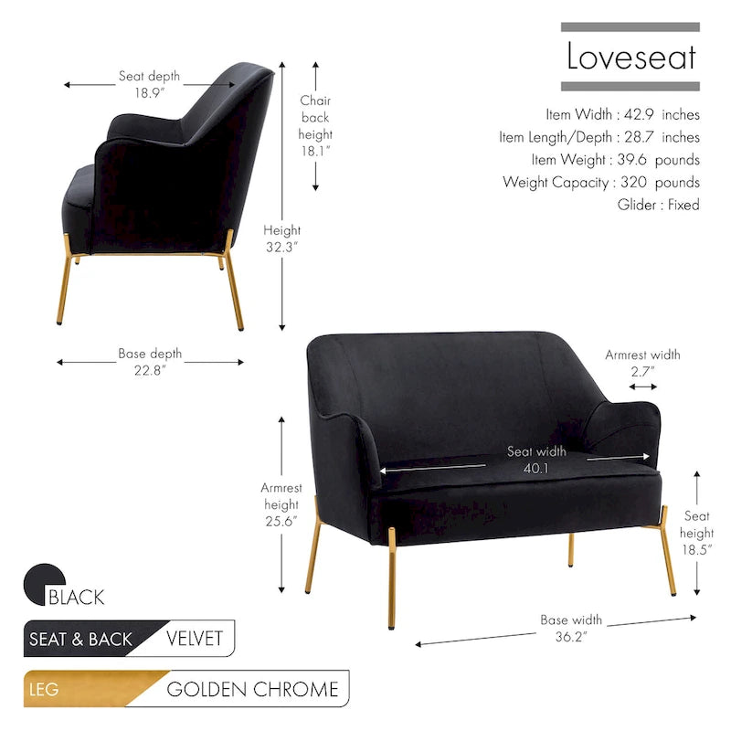 Loveseat Couch Sofa, Velvet Upholstery, Gold Chrome Legs