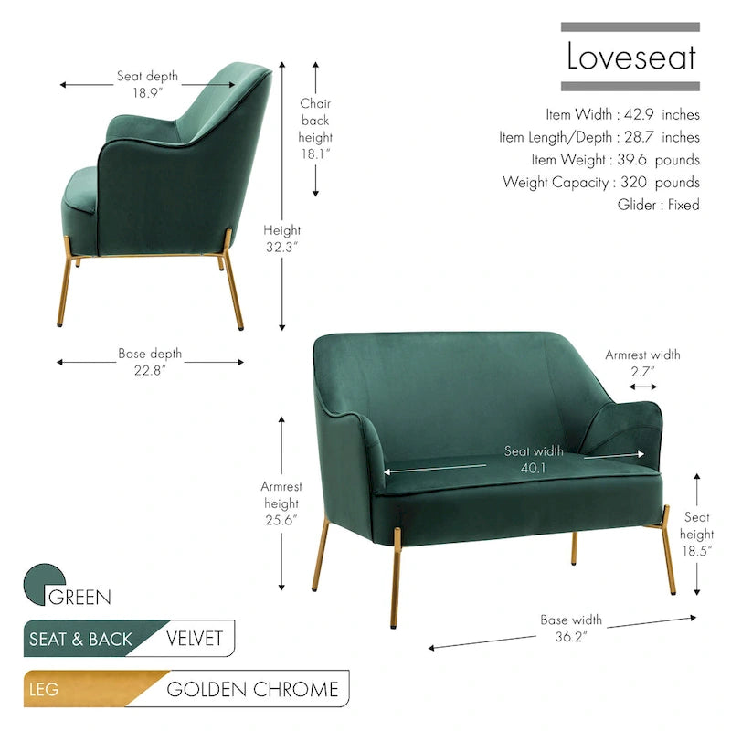 Loveseat Couch Sofa, Velvet Upholstery, Gold Chrome Legs