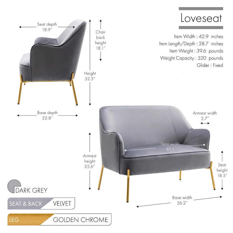 Loveseat Couch Sofa, Velvet Upholstery, Gold Chrome Legs