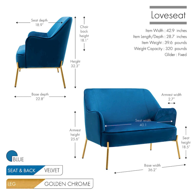 Loveseat Couch Sofa, Velvet Upholstery, Gold Chrome Legs