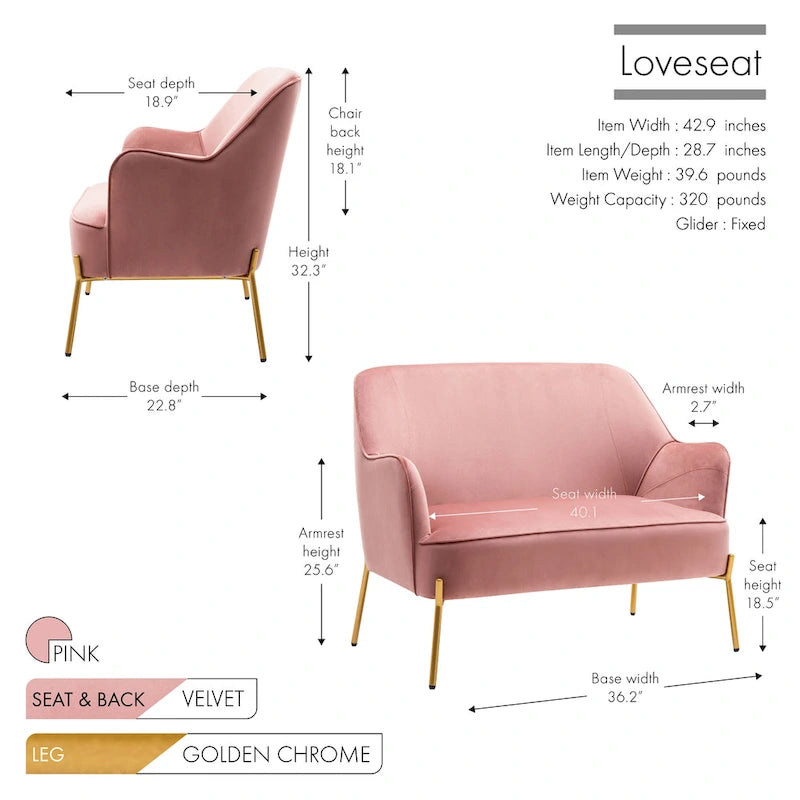 Loveseat Couch Sofa, Velvet Upholstery, Gold Chrome Legs