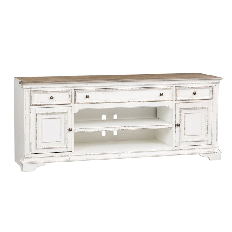 Vintage white TV cabinet with weathered bark texture - 73 inches wide