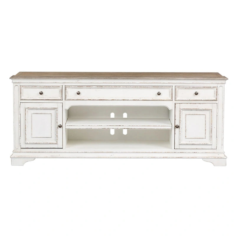 Vintage white TV cabinet with weathered bark texture - 73 inches wide