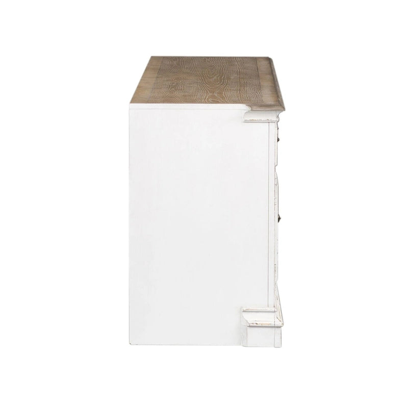 Vintage white TV cabinet with weathered bark texture - 73 inches wide