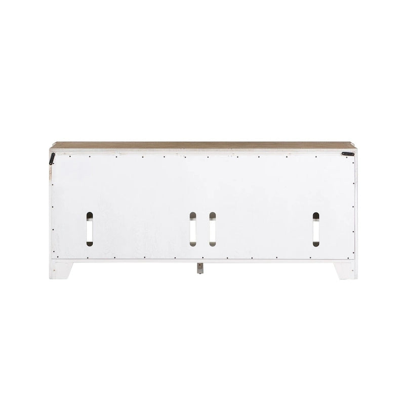 Vintage white TV cabinet with weathered bark texture - 73 inches wide
