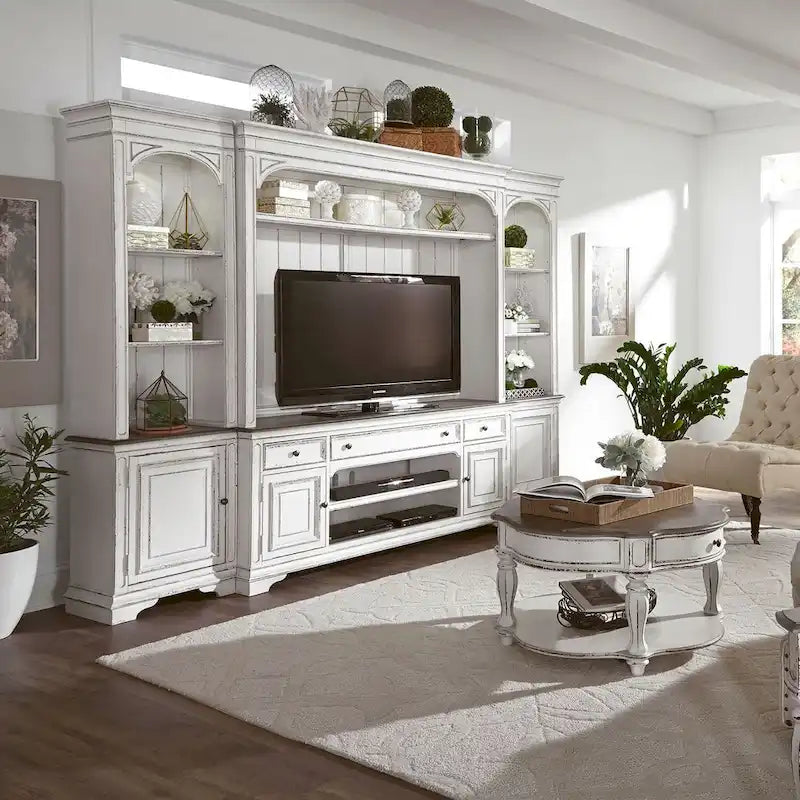 Vintage white TV cabinet with weathered bark texture - 73 inches wide