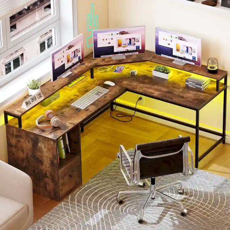 66-inch L Shaped Gaming Desk with Shelves and Monitor Stand Home Office Desk