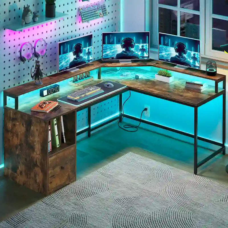 66-inch L Shaped Gaming Desk with Shelves and Monitor Stand Home Office Desk