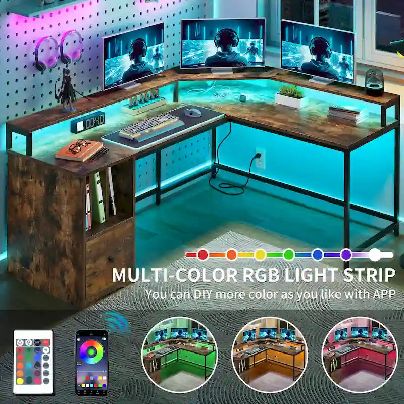 66-inch L Shaped Gaming Desk with Shelves and Monitor Stand Home Office Desk