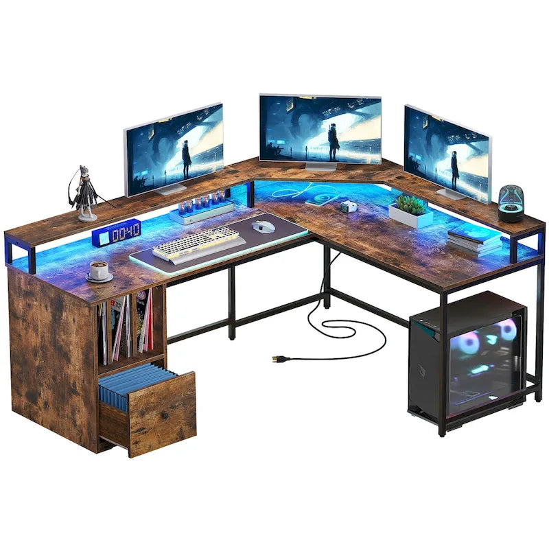 66-inch L Shaped Gaming Desk with Shelves and Monitor Stand Home Office Desk