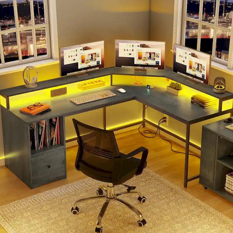 66-inch L Shaped Gaming Desk with Shelves and Monitor Stand Home Office Desk