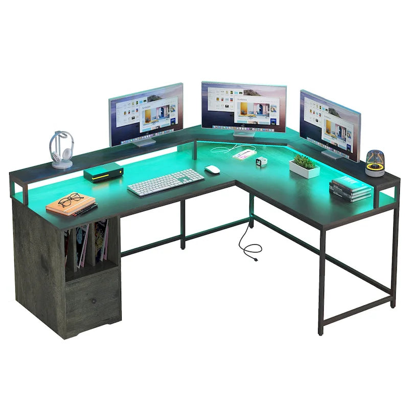 66-inch L Shaped Gaming Desk with Shelves and Monitor Stand Home Office Desk