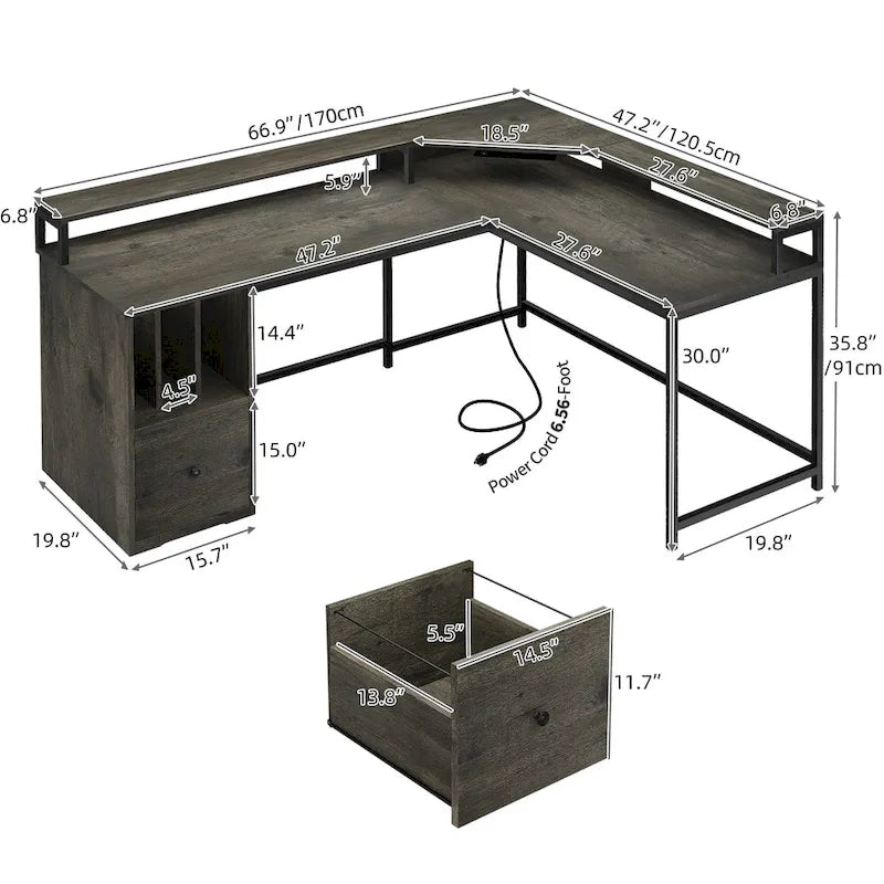66-inch L Shaped Gaming Desk with Shelves and Monitor Stand Home Office Desk