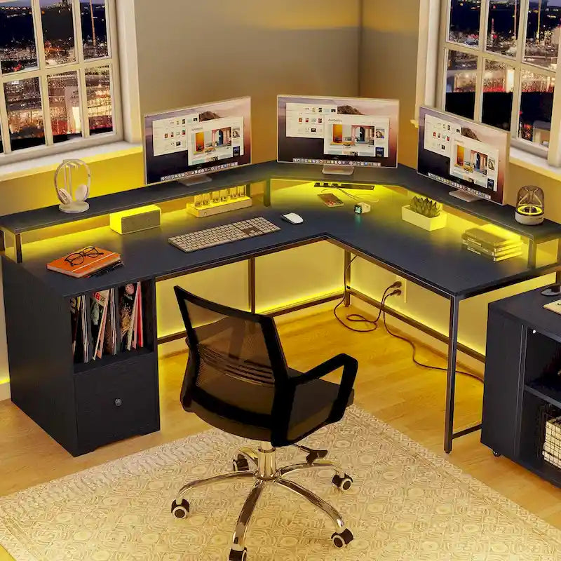 66-inch L Shaped Gaming Desk with Shelves and Monitor Stand Home Office Desk