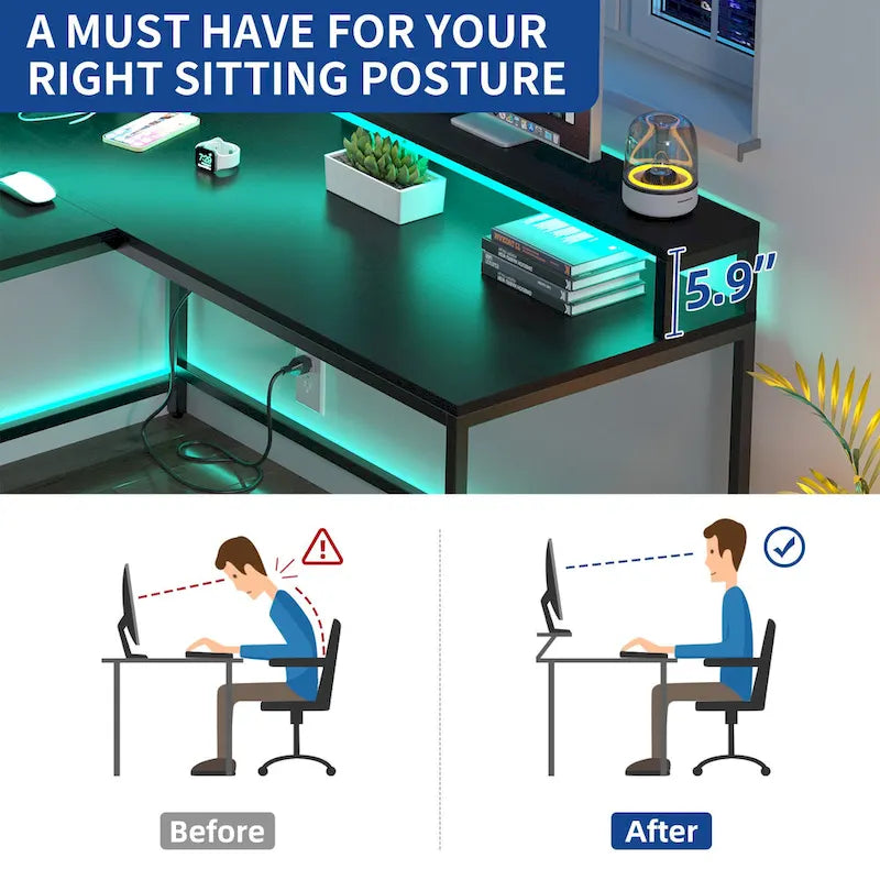 66-inch L Shaped Gaming Desk with Shelves and Monitor Stand Home Office Desk