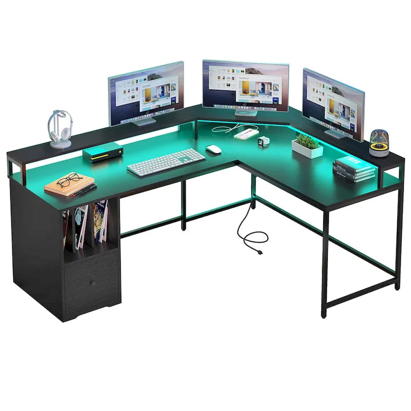 66-inch L Shaped Gaming Desk with Shelves and Monitor Stand Home Office Desk