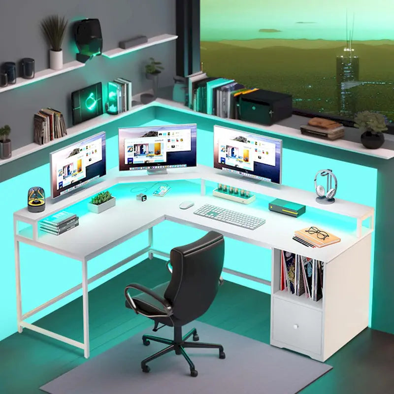 66-inch L Shaped Gaming Desk with Shelves and Monitor Stand Home Office Desk