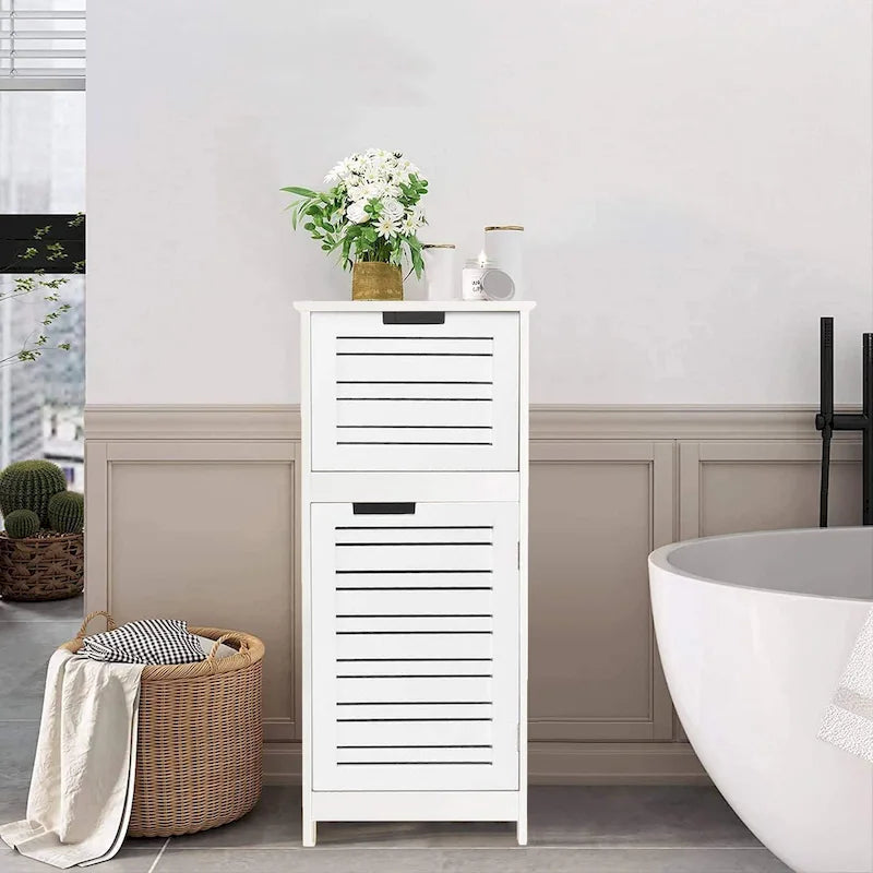 White bathroom linen locker with ventilated doors and drawers - 14.7 inches (L) x 11.13 inches (W) x 32.12 inches (H)