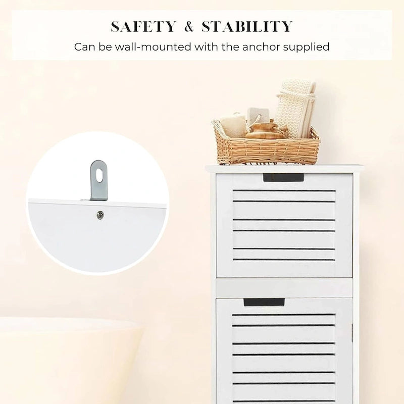 White bathroom linen locker with ventilated doors and drawers - 14.7 inches (L) x 11.13 inches (W) x 32.12 inches (H)