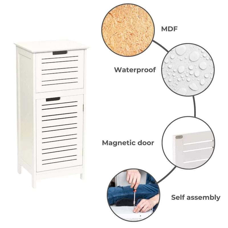 White bathroom linen locker with ventilated doors and drawers - 14.7 inches (L) x 11.13 inches (W) x 32.12 inches (H)