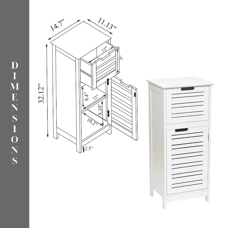 White bathroom linen locker with ventilated doors and drawers - 14.7 inches (L) x 11.13 inches (W) x 32.12 inches (H)