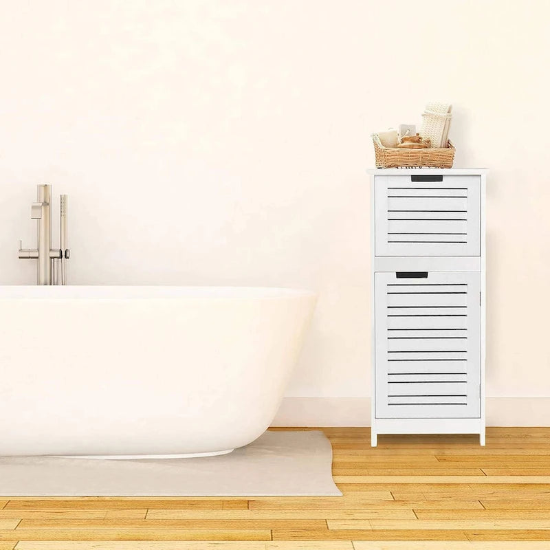 White bathroom linen locker with ventilated doors and drawers - 14.7 inches (L) x 11.13 inches (W) x 32.12 inches (H)