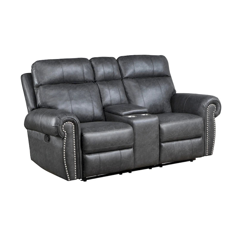 75 Inch Manual Recliner Loveseat, Storage Console, Gray Faux Leather