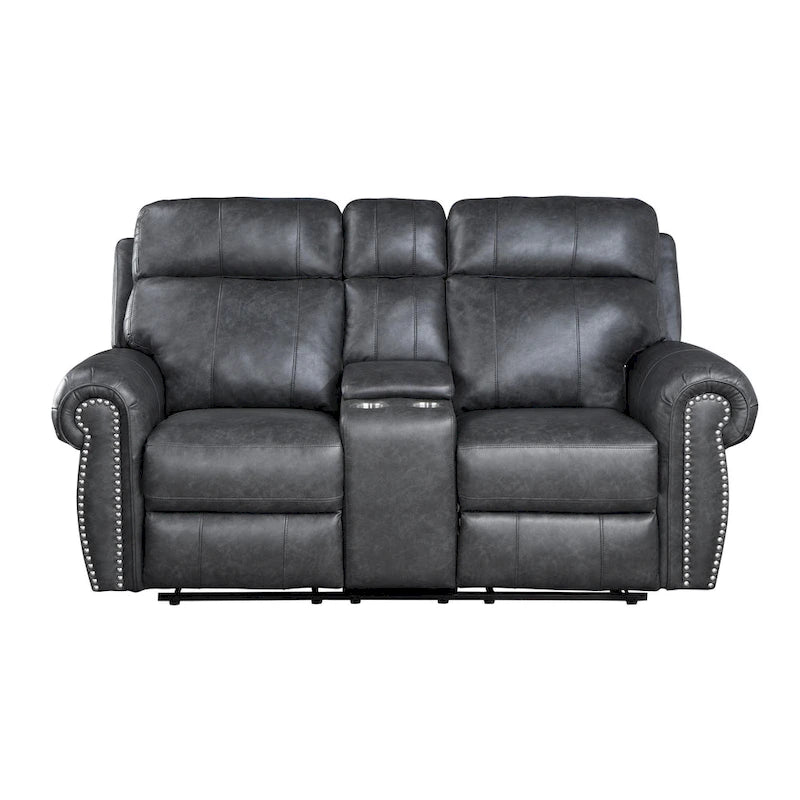 75 Inch Manual Recliner Loveseat, Storage Console, Gray Faux Leather