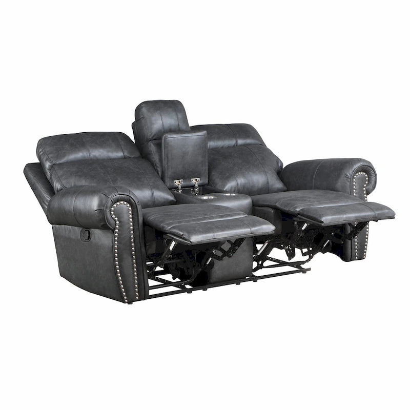 75 Inch Manual Recliner Loveseat, Storage Console, Gray Faux Leather