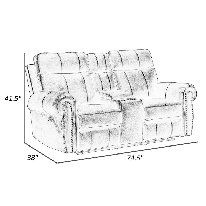 75 Inch Manual Recliner Loveseat, Storage Console, Gray Faux Leather