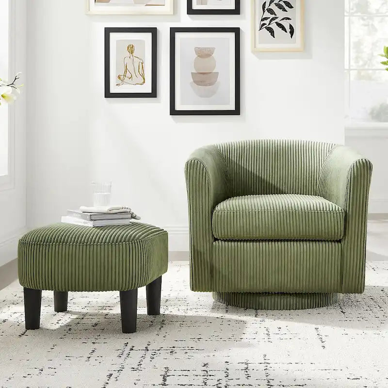 Swivel Accent Chair 360 Comfy Recliner Corduroy Arm Chair Single Sofa with Ottoman for Living Room Bedroom