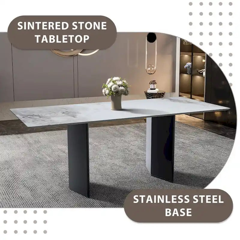 Rectangular Dining Table with Glass/Sintered Stone Tabletop in Steel