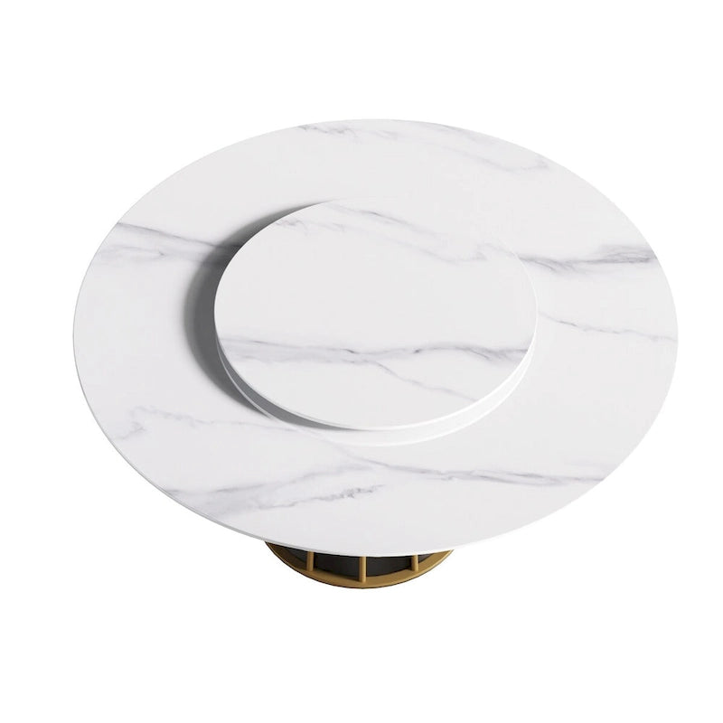 59 White Round Dining Table with Lazy Susan, Sintered Stone Tabletop - N/A