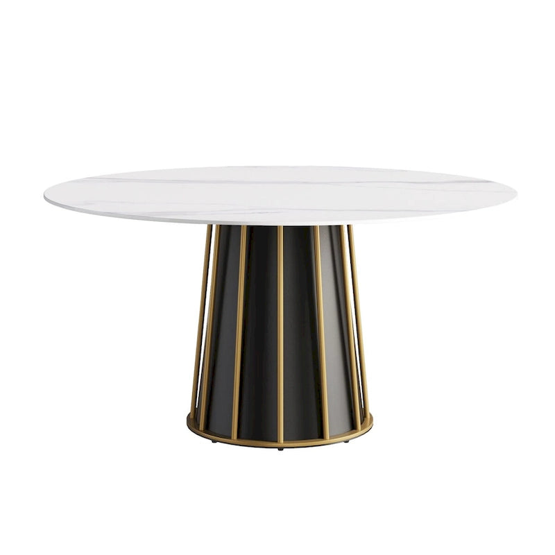 59 White Round Dining Table with Lazy Susan, Sintered Stone Tabletop - N/A