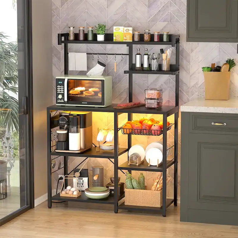 Bakers Rack with Power Outlet and LED Light Strings, Kitchen Storage Shelf