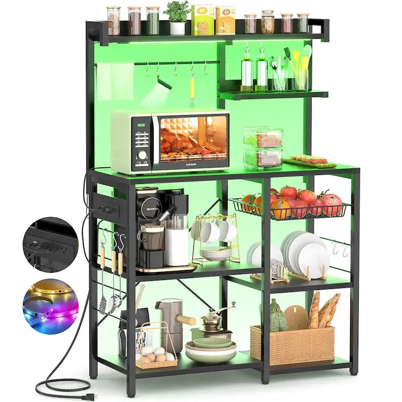 Bakers Rack with Power Outlet and LED Light Strings, Kitchen Storage Shelf