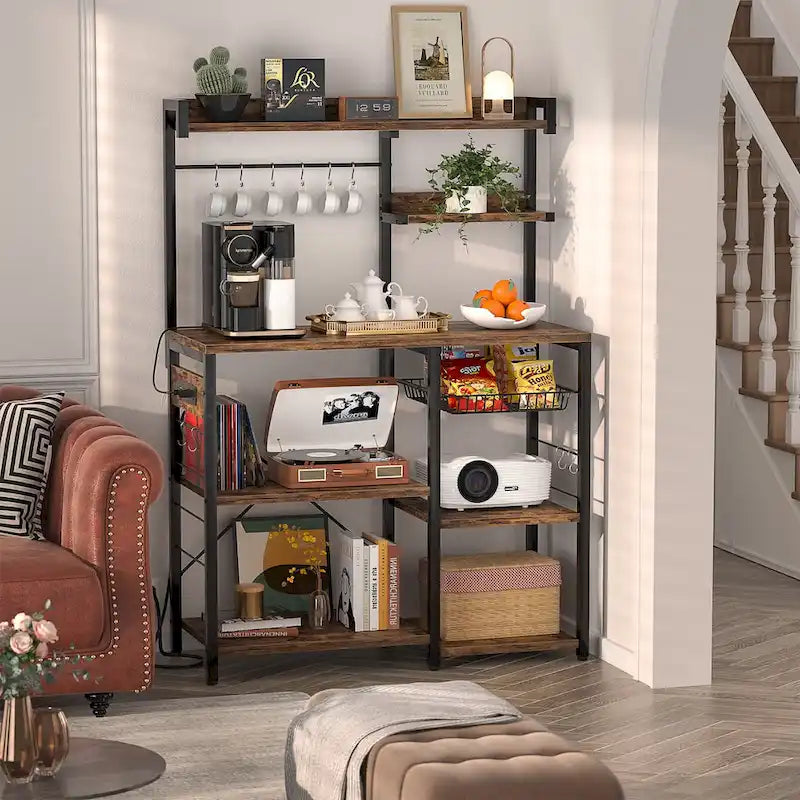 Bakers Rack with Power Outlet and LED Light Strings, Kitchen Storage Shelf