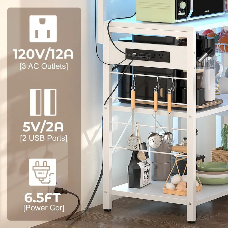 Bakers Rack with Power Outlet and LED Light Strings, Kitchen Storage Shelf